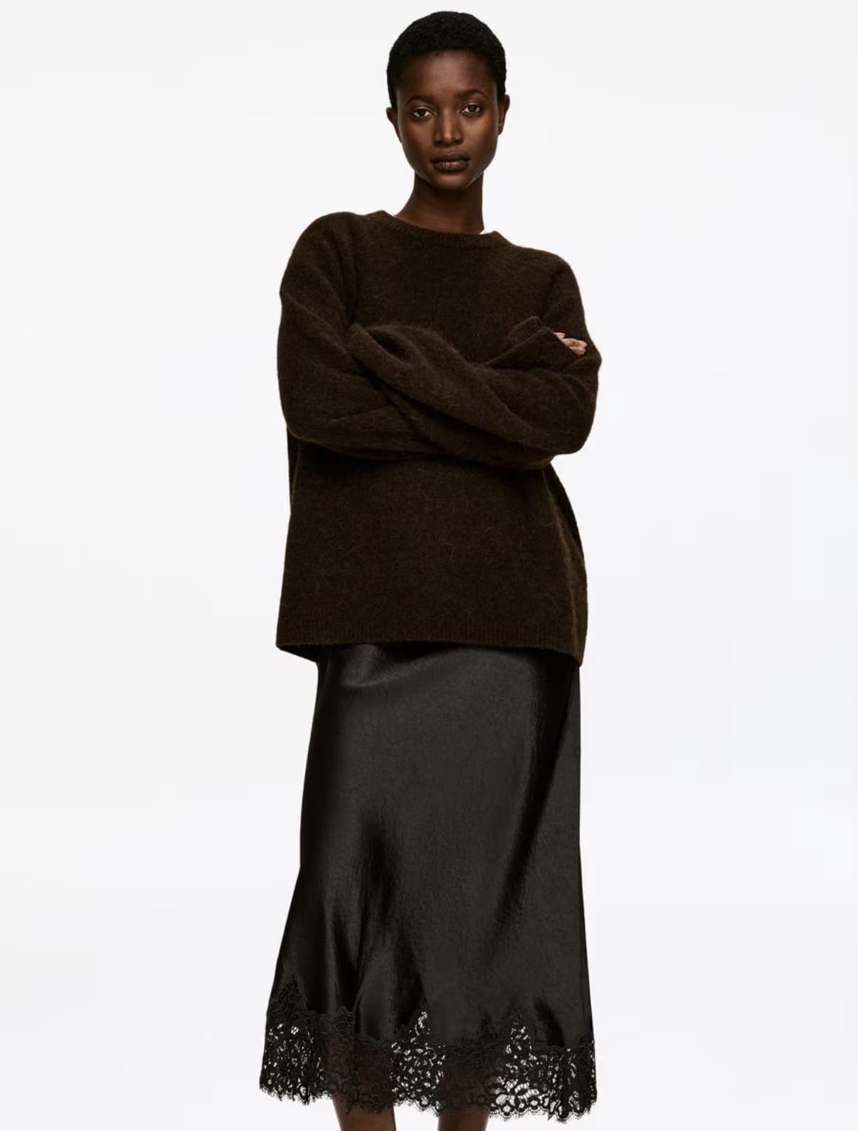 Dark brown satin skirt with lace detail